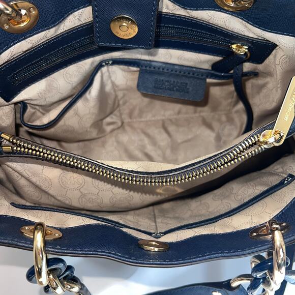Michael Kors Navy Blue Saffiano Leather Cynthia Tote with Gold Hardware - Picture 8 of 16